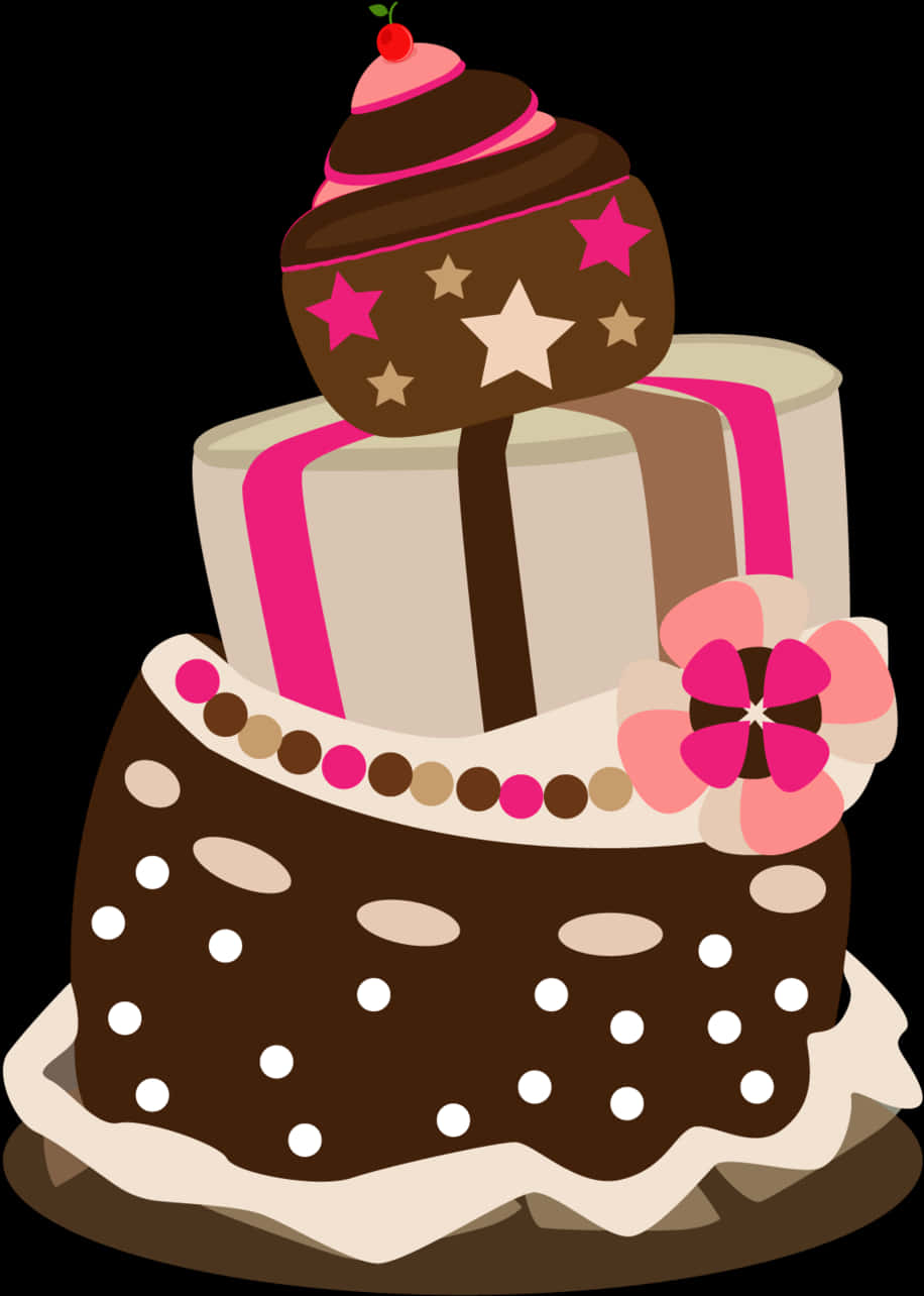 Tiered Chocolate Birthday Cake Illustration PNG image