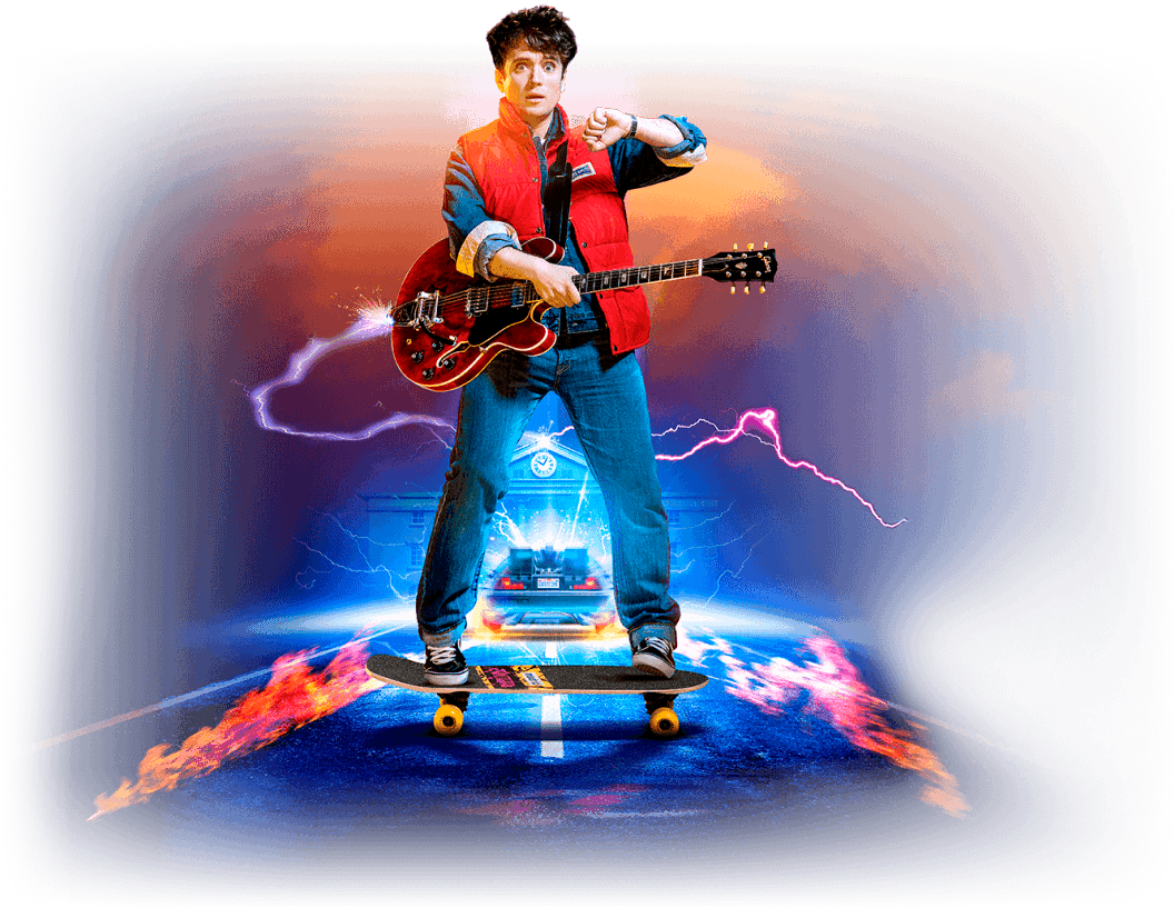 Time Traveling Skateboarderwith Guitar PNG image