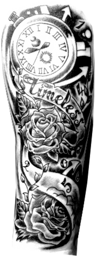 Timeless Rose Clock Arm Tattoo PNG image