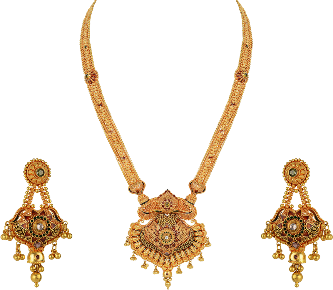 Traditional Gold Necklace Earrings Set PNG image