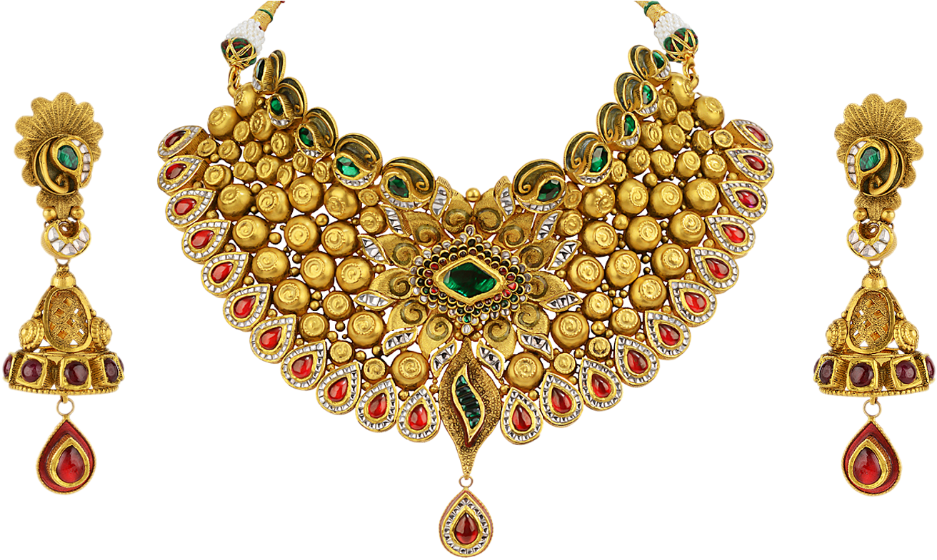 Traditional Gold Necklace Setwith Earrings PNG image