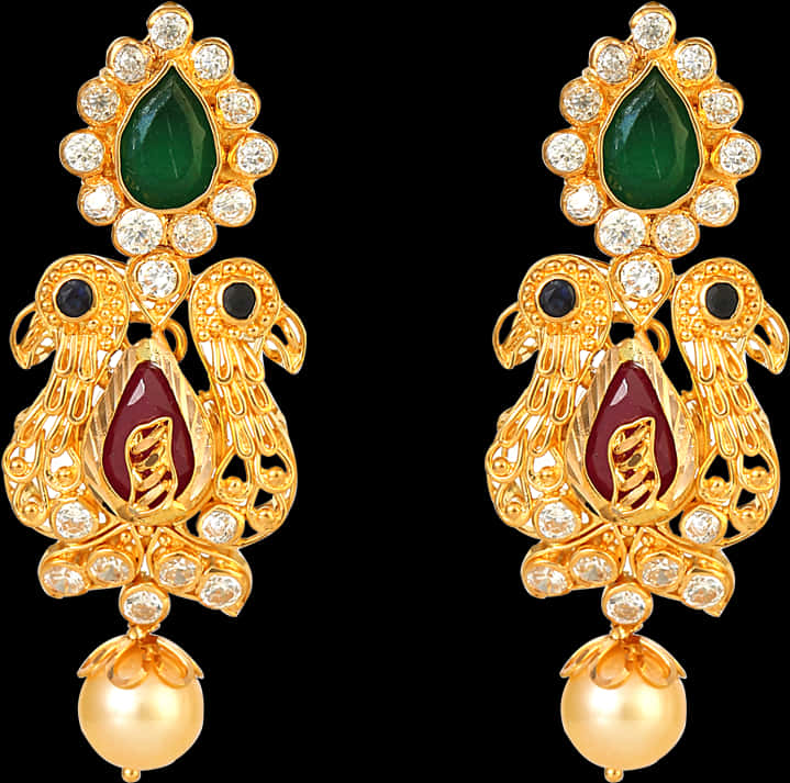 Traditional Gold Plated Peacock Earrings PNG image