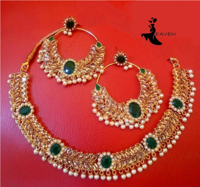 Traditional Golden Jewelry Setwith Green Stones PNG image