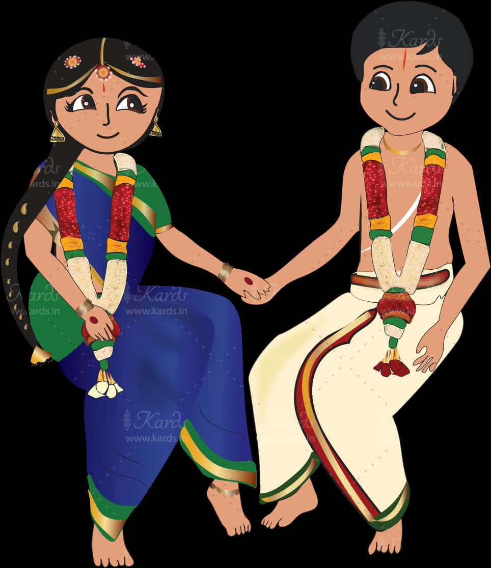 Traditional Indian Couple Cartoon Illustration PNG image