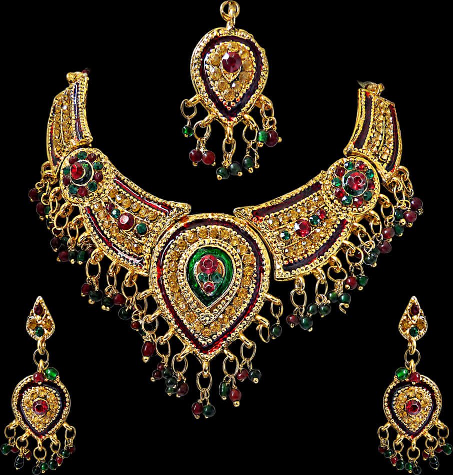 Traditional Indian Gold Necklace Earrings Set PNG image