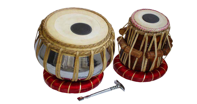 Traditional Indian Tabla Drumswith Tuning Hammer PNG image