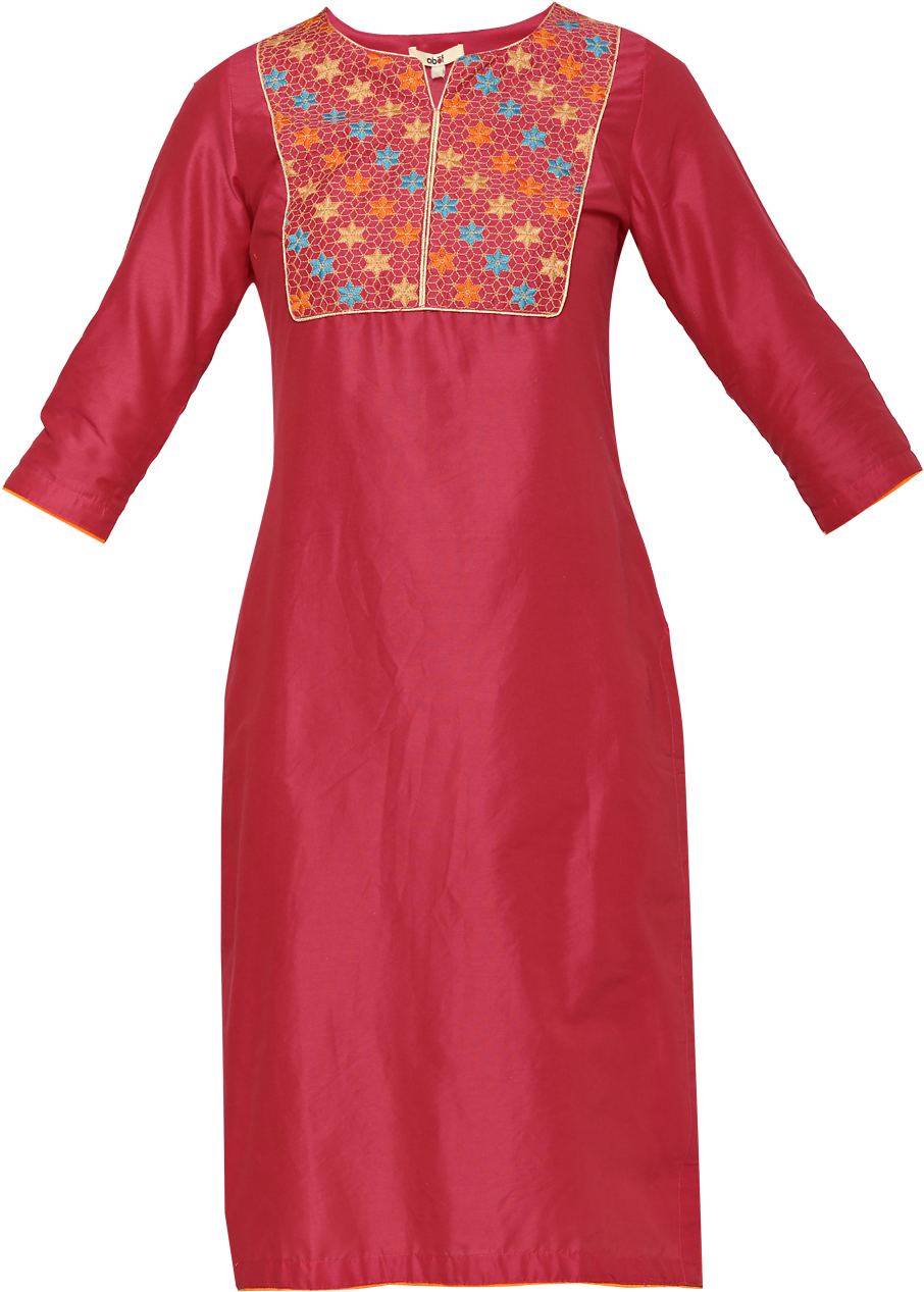 Traditional Red Kurtawith Floral Embroidery PNG image