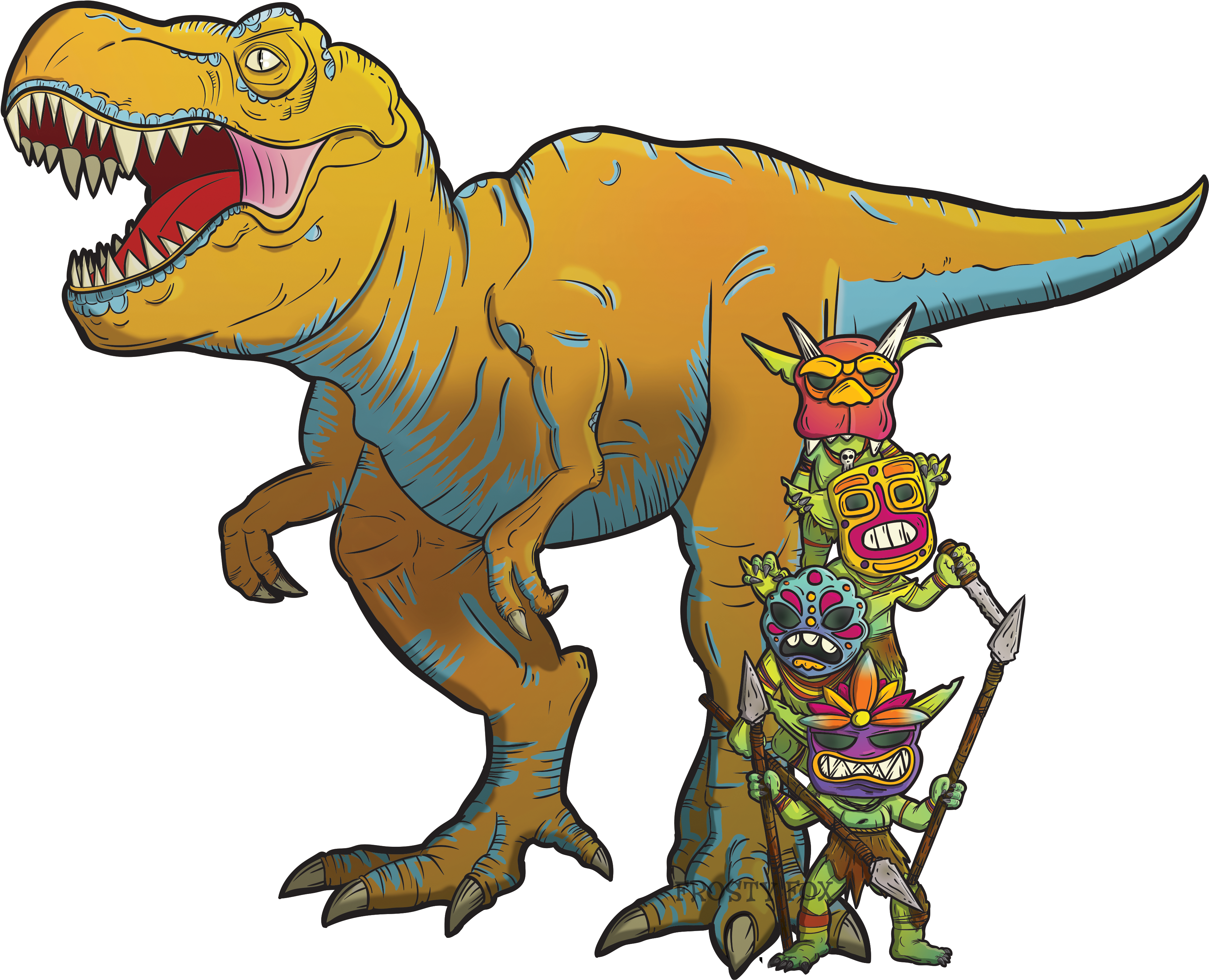 Tribal Masked Dinosaurs Illustration PNG image