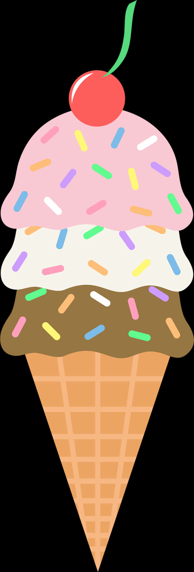 Triple Scoop Ice Cream Cone With Cherry PNG image