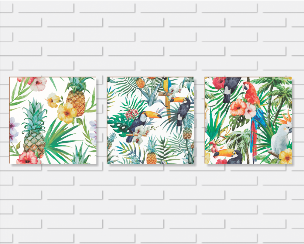 Tropical_ Birds_and_ Flora_ Triptych_ Art PNG image