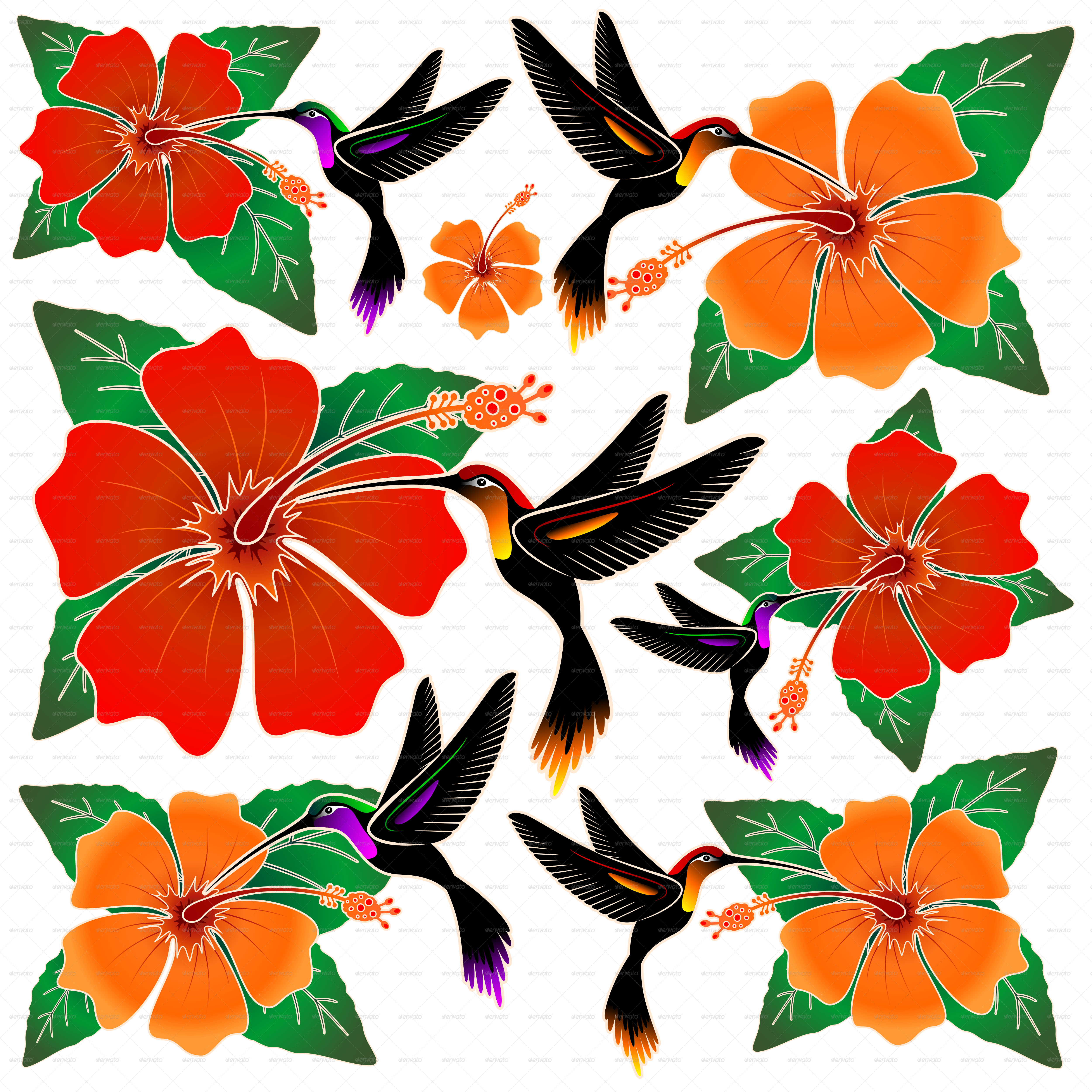 Tropical Birdsand Flowers Batik Pattern PNG image