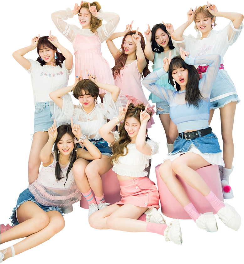 Twice Kpop Group Pose Cheerful Outfits PNG image