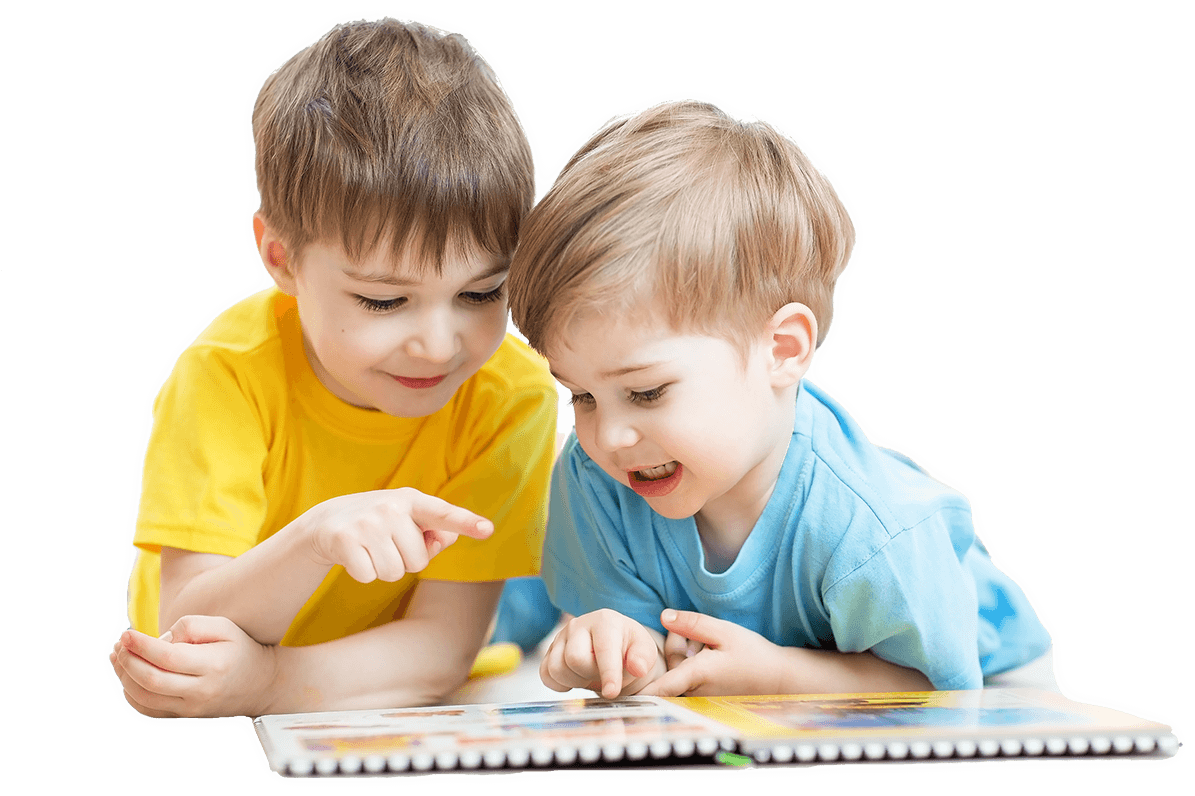 Two Boys Reading Book Together PNG image