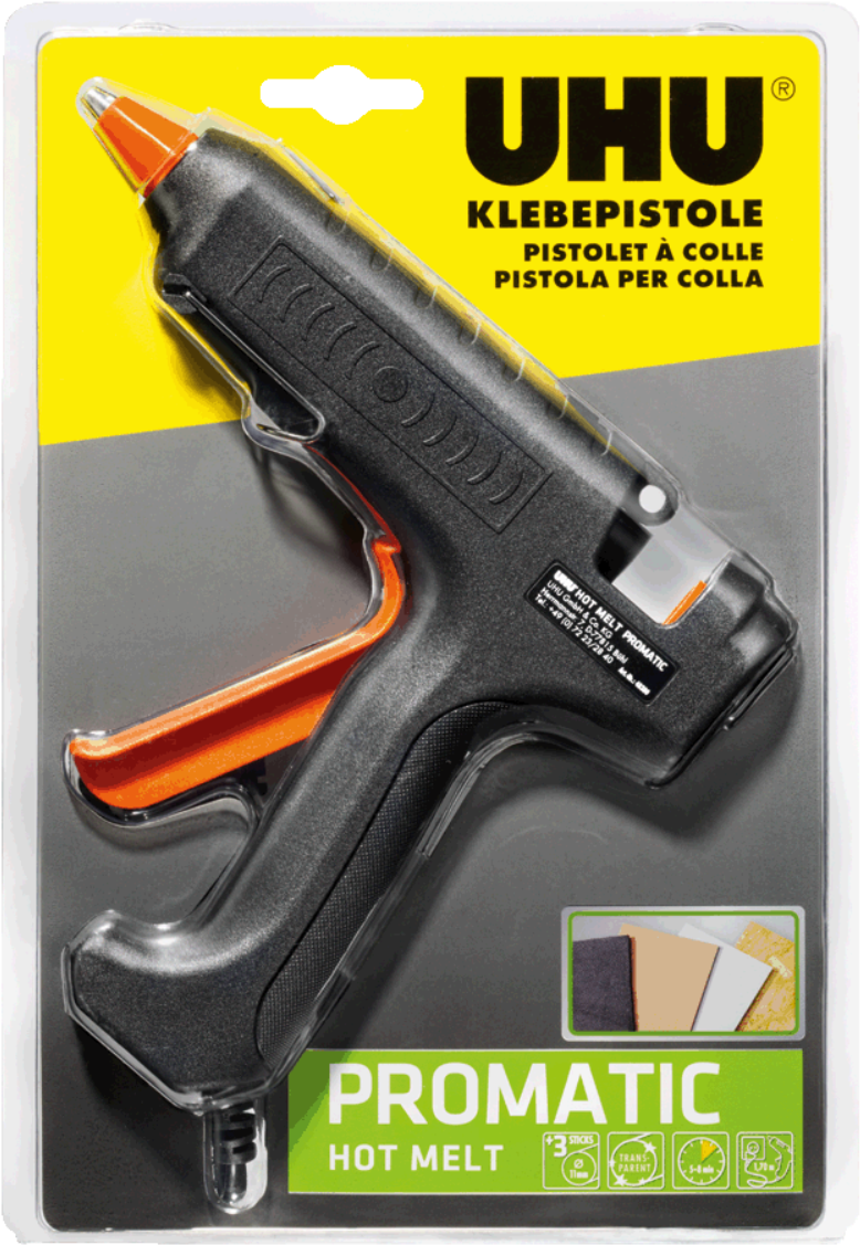 U H U Promatic Hot Melt Glue Gun Packaging PNG image