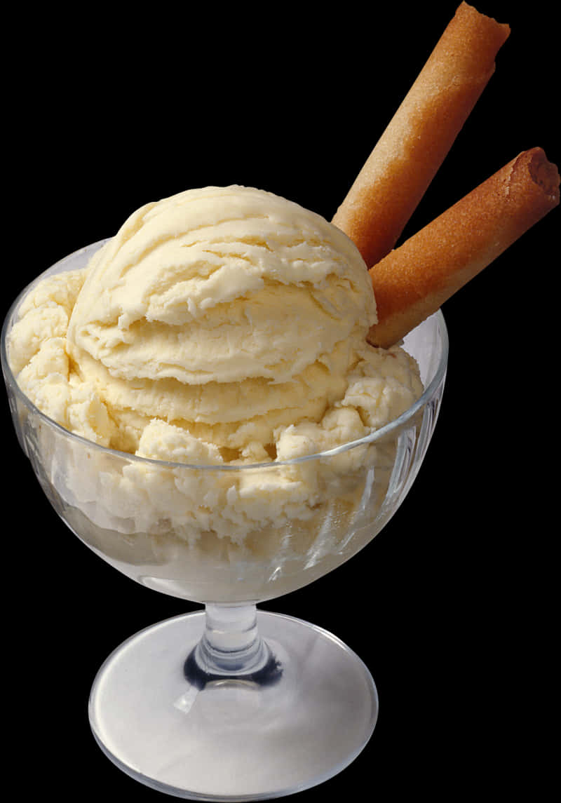 Vanilla Ice Cream Servingwith Wafer Sticks PNG image