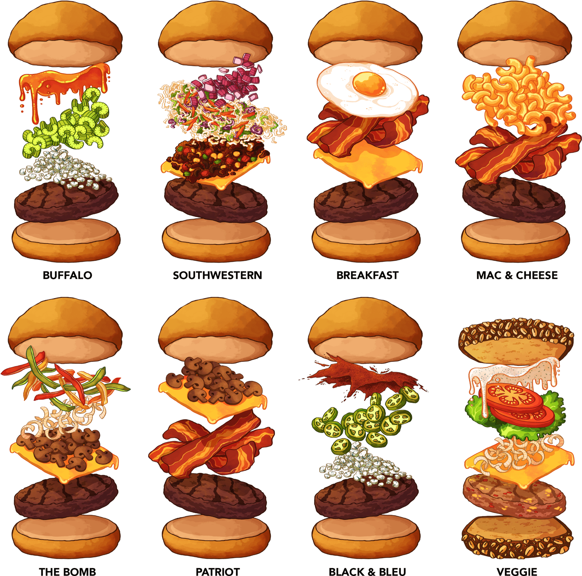 Varietyof Gourmet Burgers Illustration PNG image