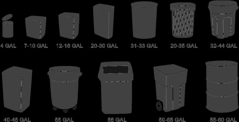 Various Trash Cans Size Comparison PNG image