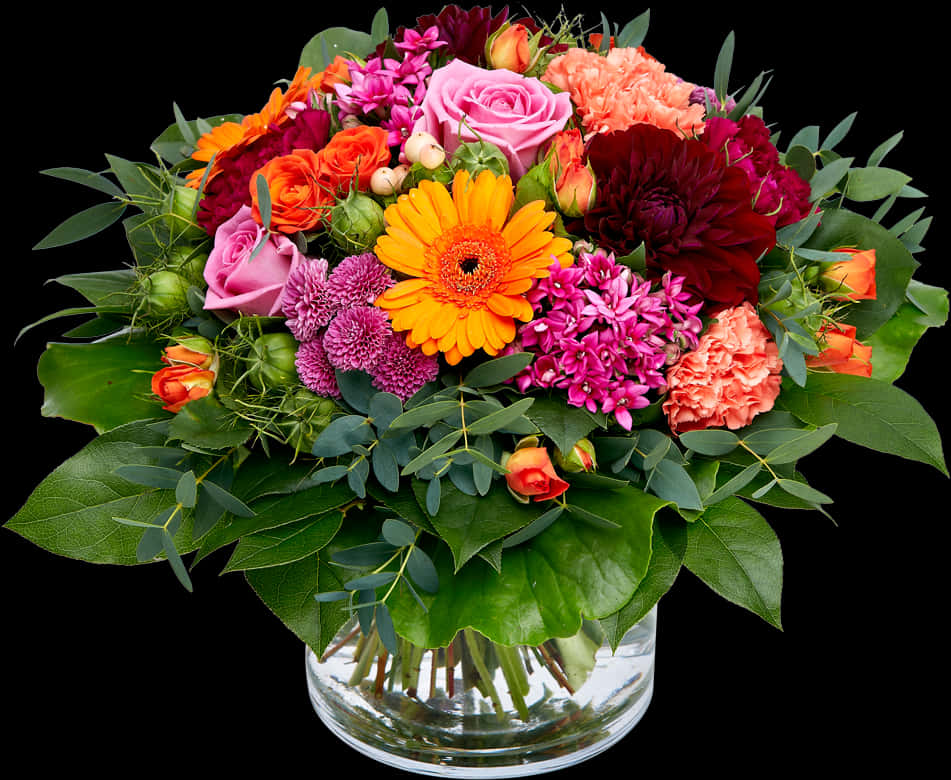 Vibrant Floral Arrangement Black Background PNG image