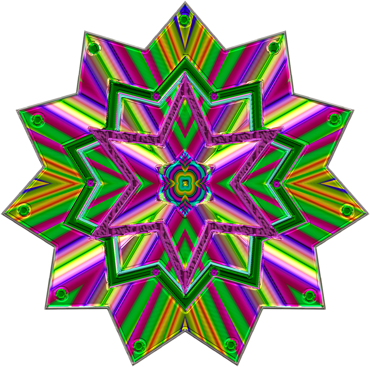 Vibrant Kaleidoscopic Crystal Star PNG image