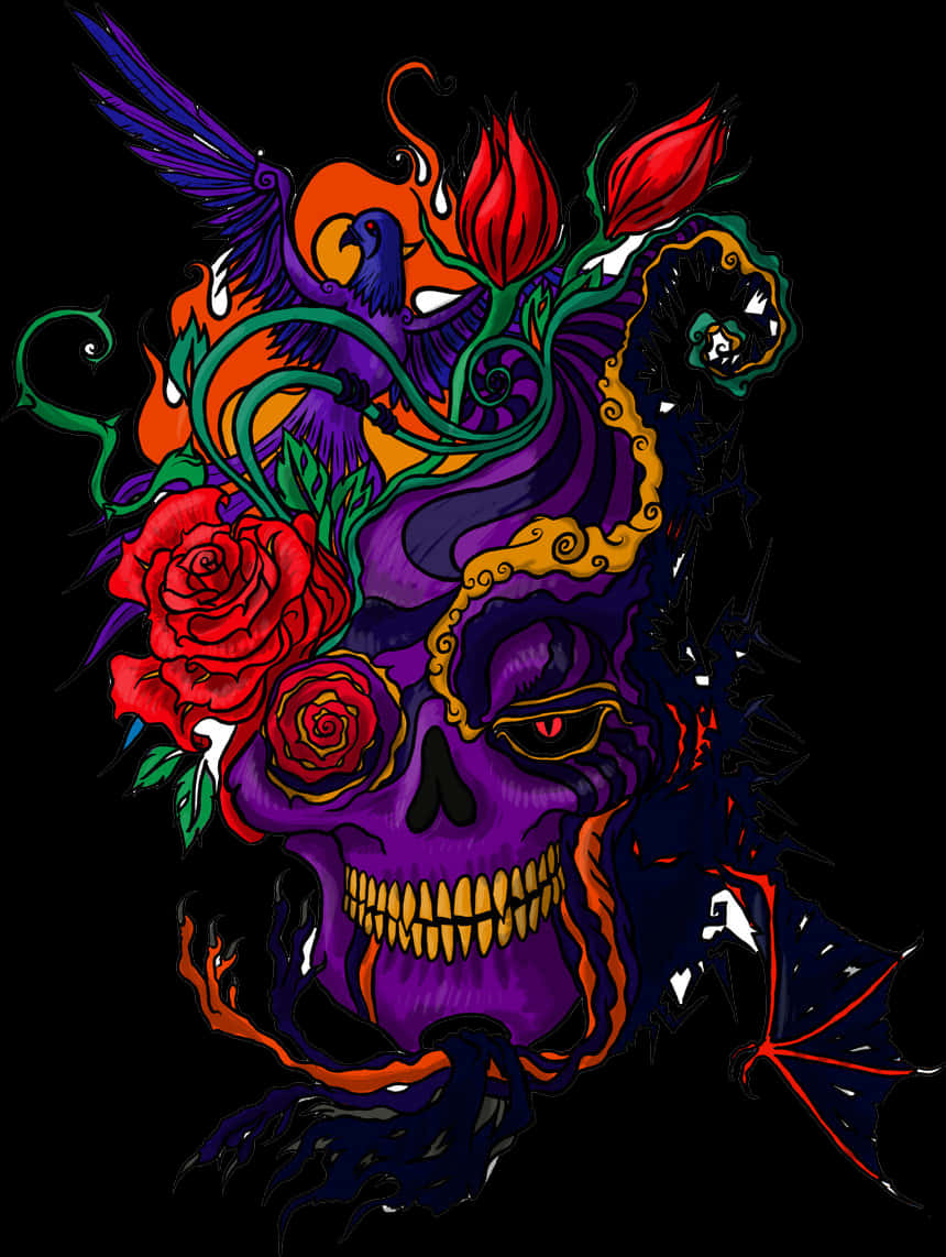 Vibrant_ Skull_and_ Floral_ Artwork PNG image