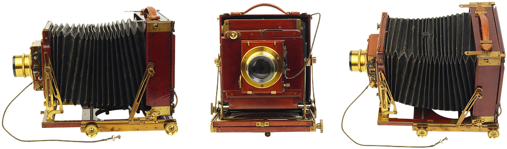 Vintage Bellows Camera Three Views PNG image