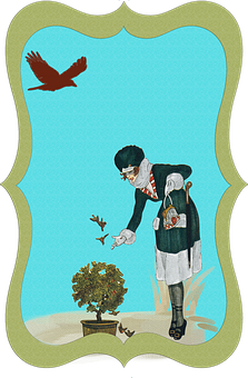 Vintage Birdand Gardener Illusion PNG image