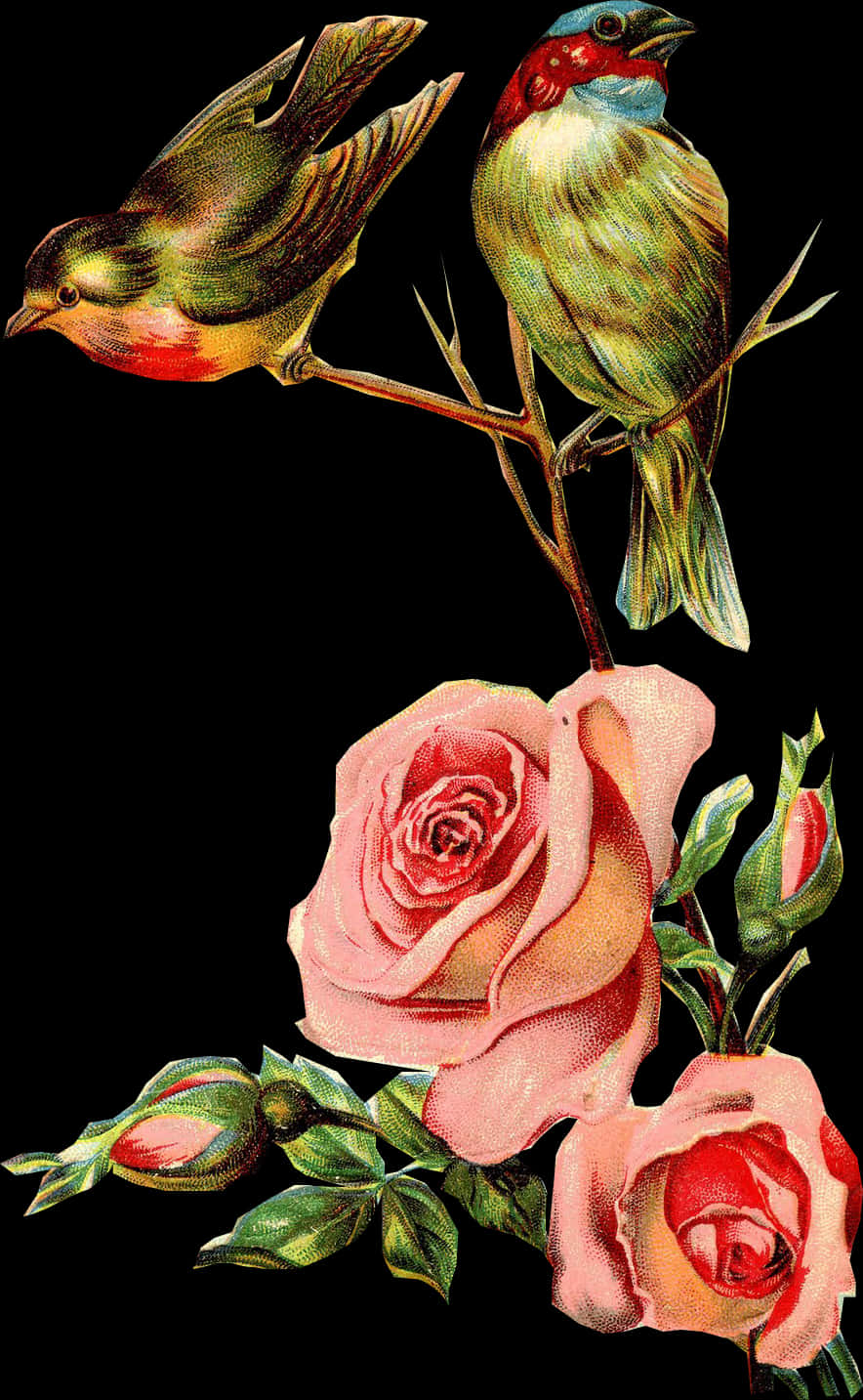 Vintage Birdsand Roses Illustration PNG image