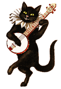 Vintage Black Cat Playing Banjo PNG image