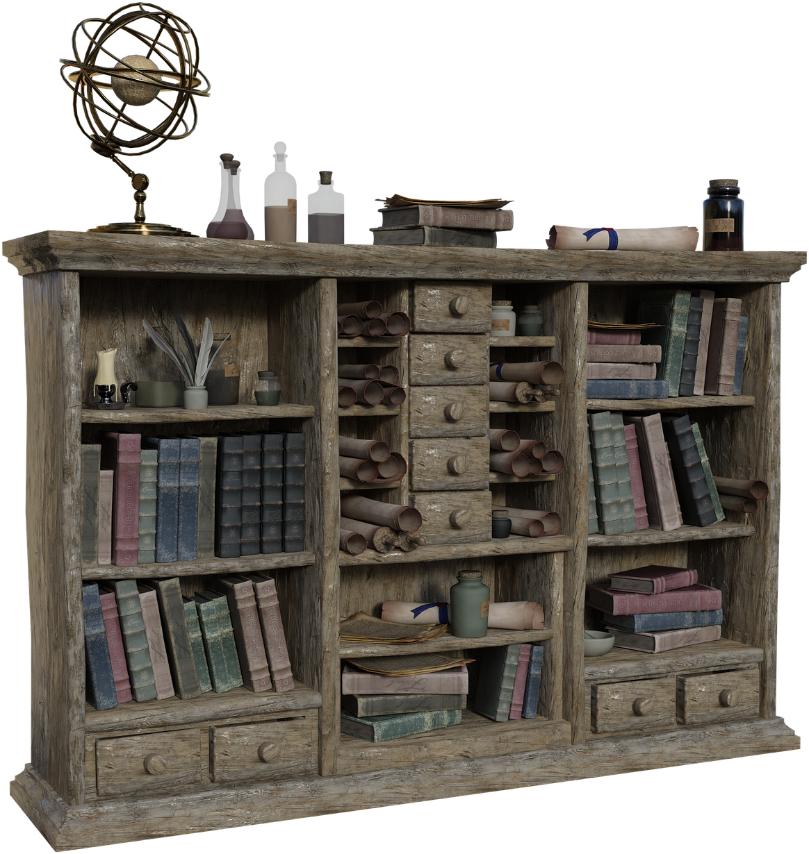 Vintage Bookshelfwith Antique Items PNG image