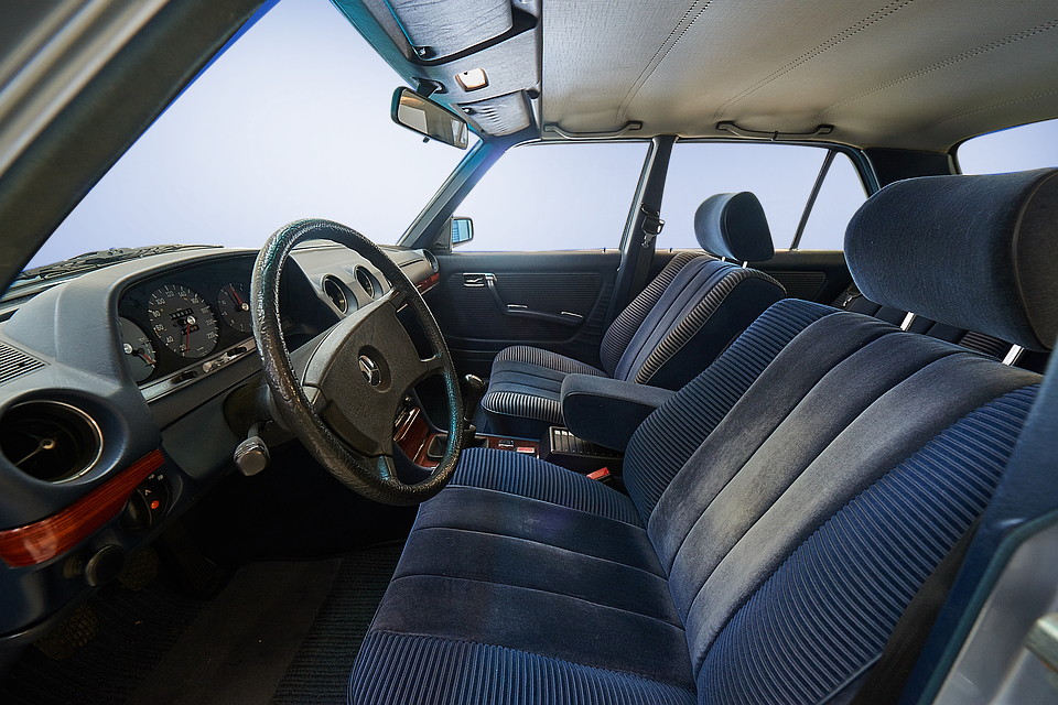 Vintage Car Interior Blue Seats PNG image