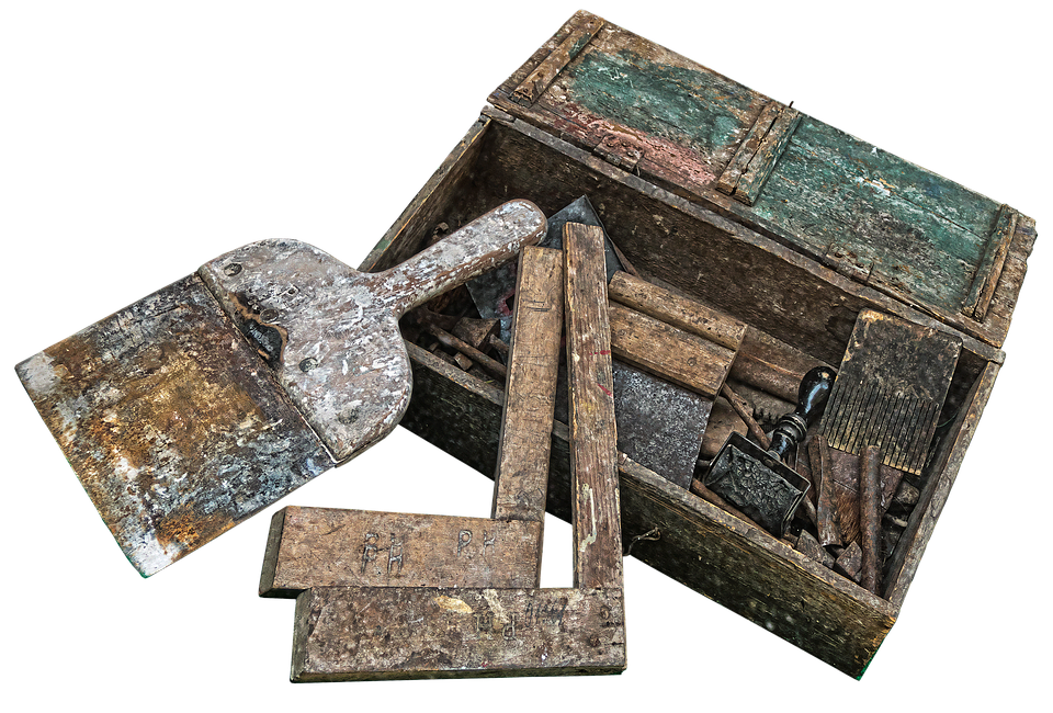 Vintage Carpentry Toolsin Wooden Box PNG image