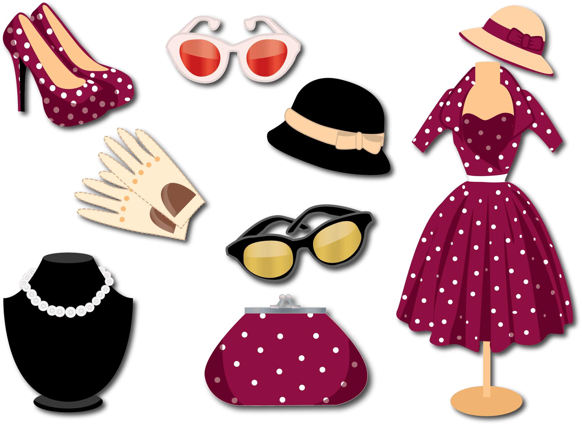 Vintage Fashion Accessoriesand Dress PNG image