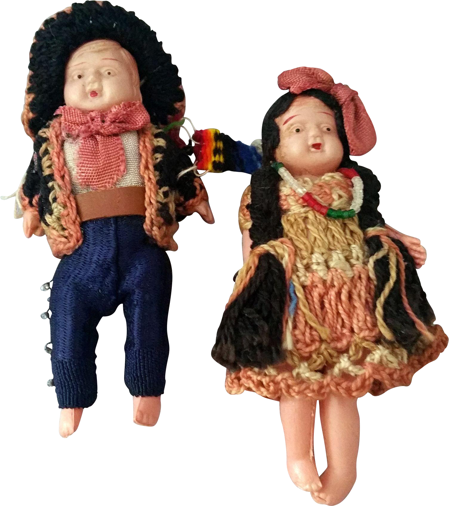 Vintage Knitted Dollsin Traditional Costumes PNG image