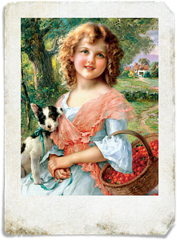 Vintage Portraitof Girlwith Dogand Basketof Flowers PNG image