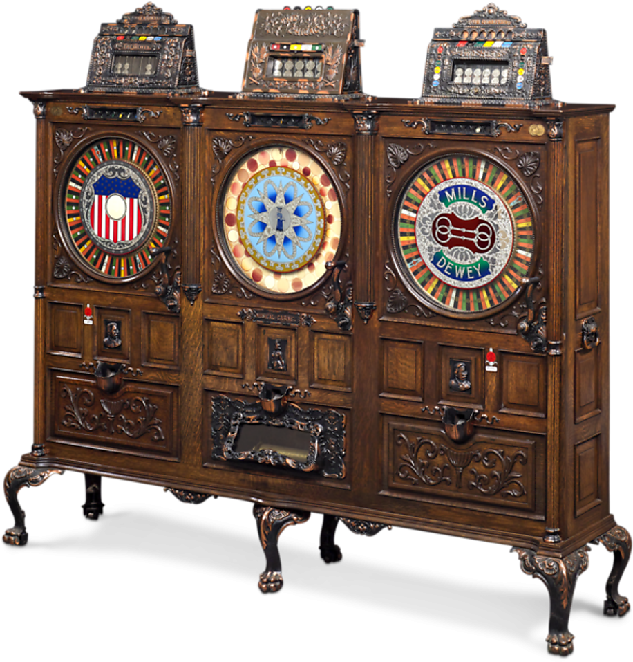 Vintage Triple Slot Machine Cabinet PNG image