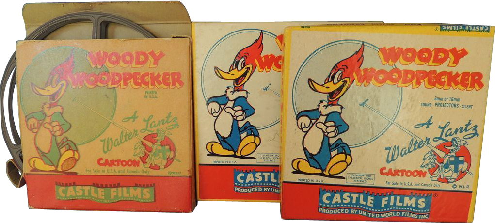 Vintage Woody Woodpecker Film Boxes PNG image