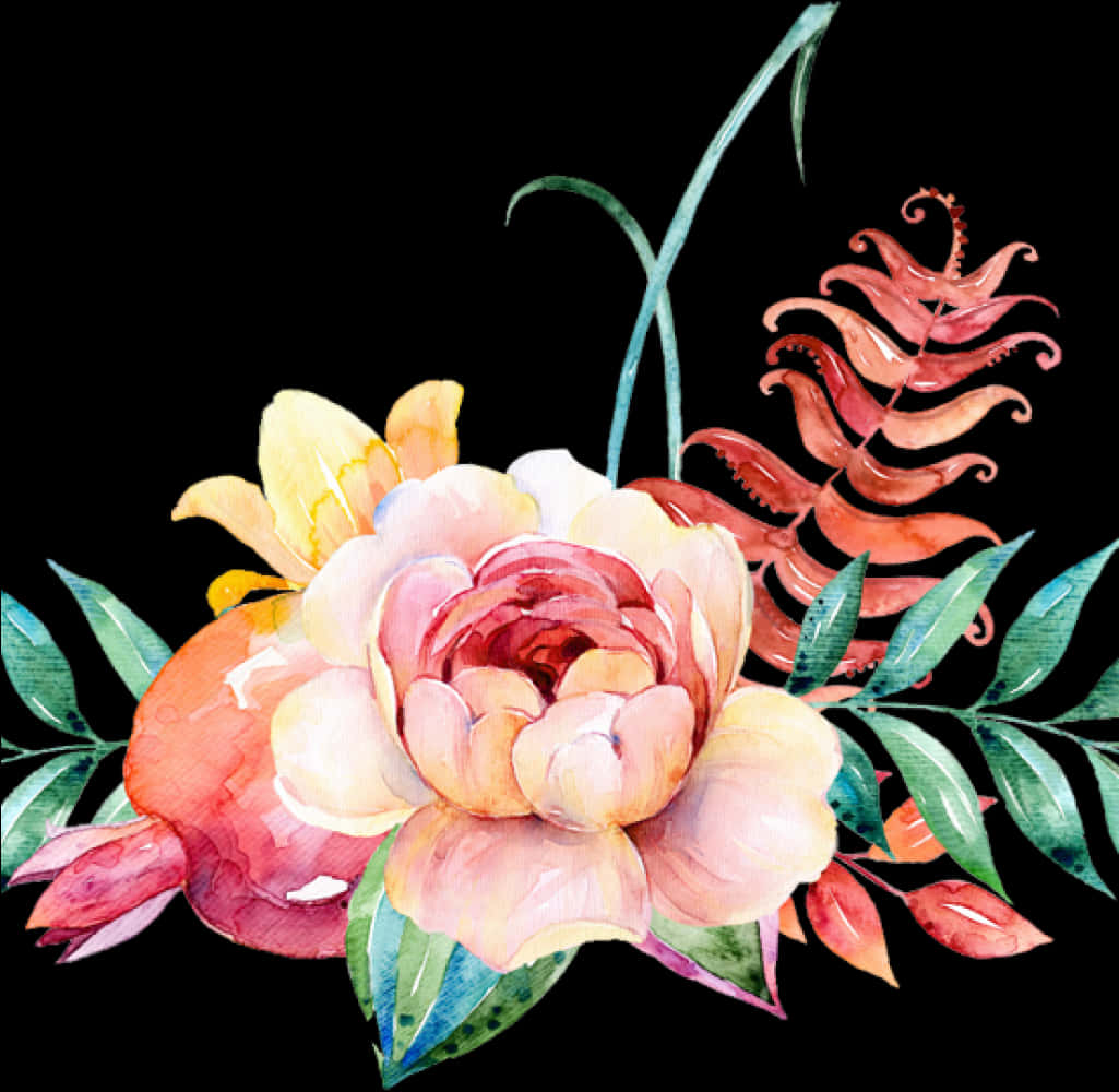 Watercolor Floral Arrangement Black Background PNG image