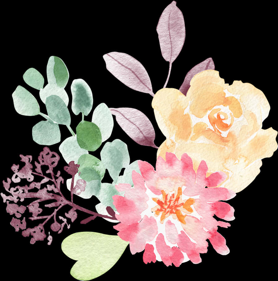 Watercolor Floral Arrangement Black Background PNG image