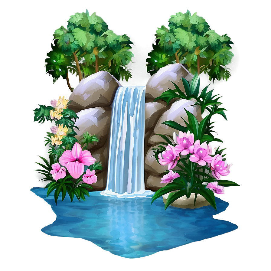 Waterfall And Blooming Flowers Png 39 PNG image