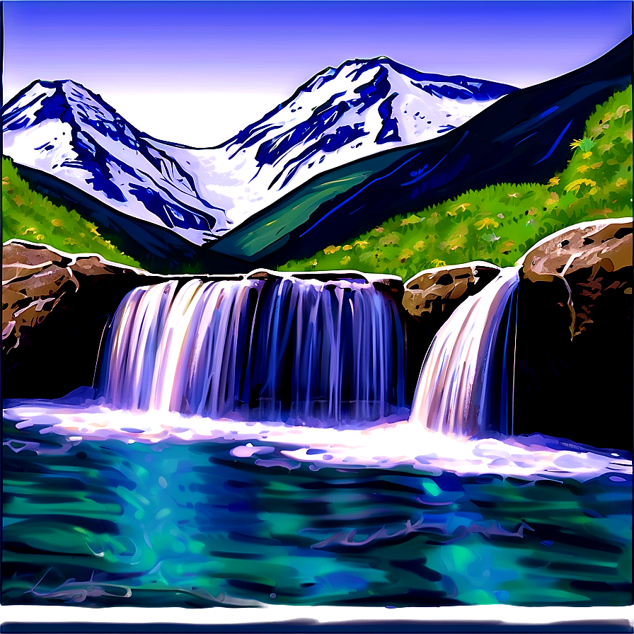 Waterfall And Snow-capped Peaks Png 13 PNG image