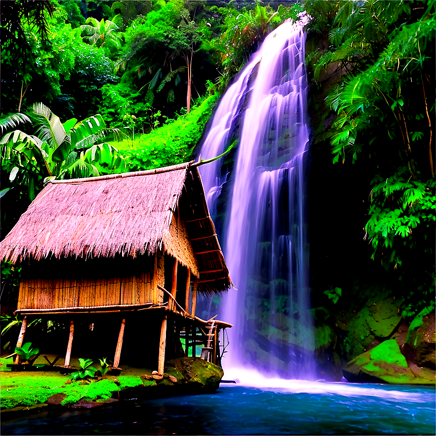 Waterfall And Traditional Hut Png 43 PNG image