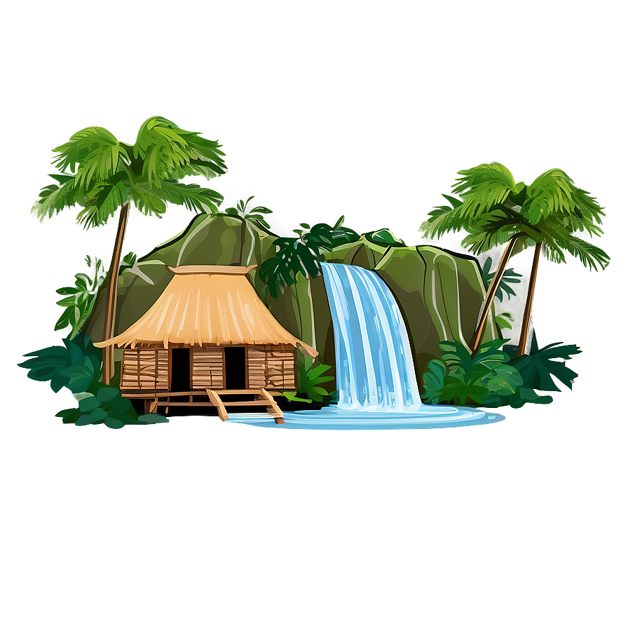 Waterfall And Traditional Hut Png 45 PNG image