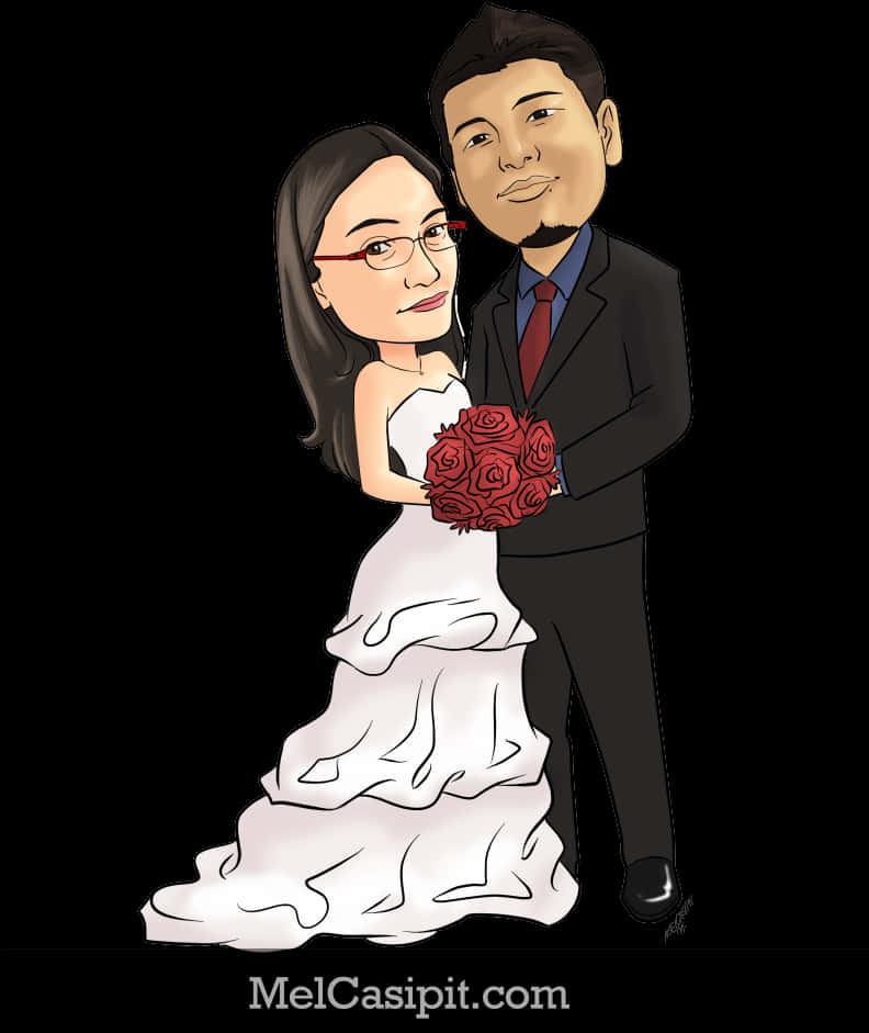 Wedding Caricature Couplewith Roses PNG image
