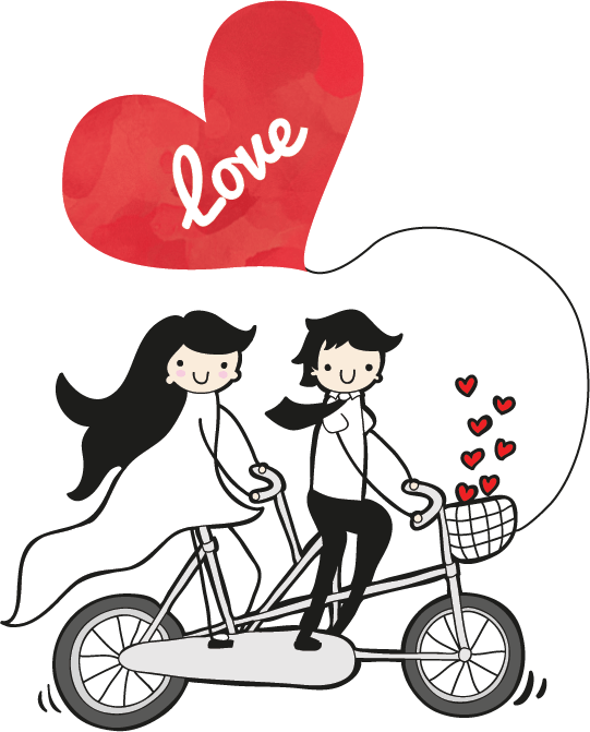 Wedding Coupleon Tandem Bicyclewith Love Balloon PNG image