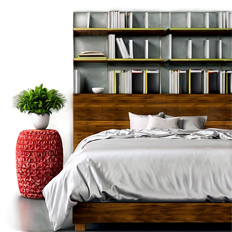 White Bed With Bookshelf Png Aot PNG image