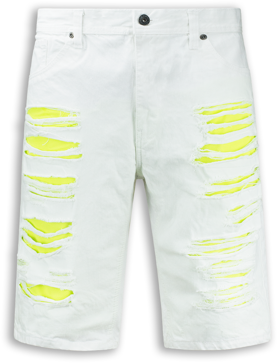 White Distressed Bermuda Shortswith Yellow Accents PNG image