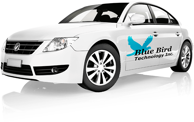 White Sedan Blue Bird Technology Branding PNG image