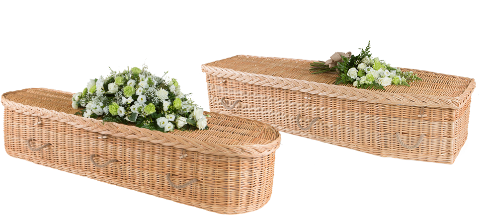 Wicker Coffinswith Floral Arrangements PNG image