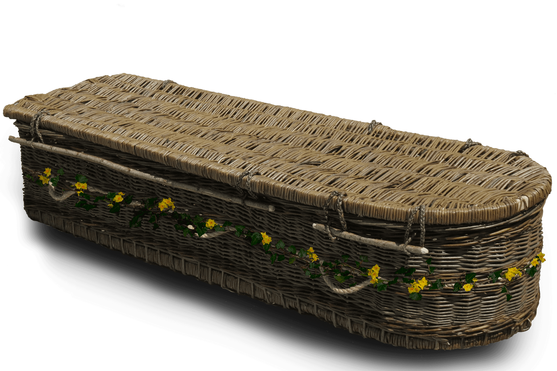 Wicker Coffinwith Floral Decoration PNG image