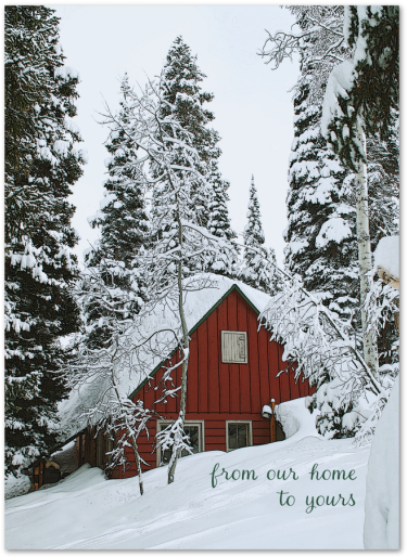 Winter Cabin Snowy Forest Greeting PNG image